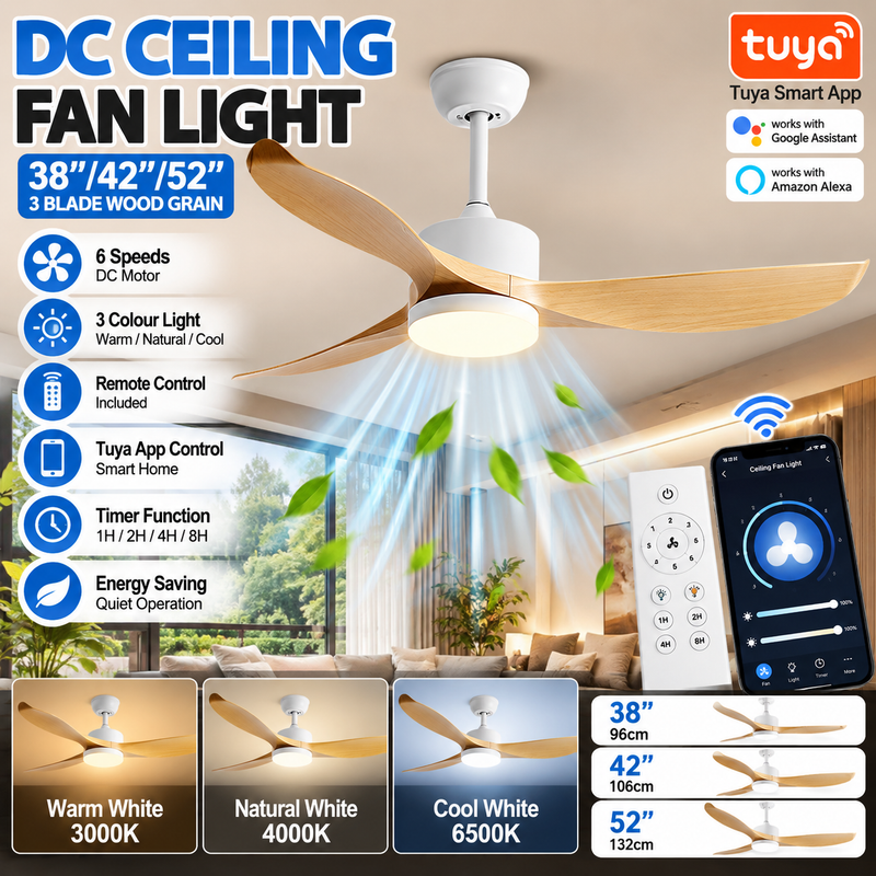 Chargez l'image dans la visionneuse de la galerie, Tuya Smart DC Ceiling Fan with LED Light – Tuya WiFi App Control, 3 Colour Lighting, 6 Speeds, APP Remote Control, Grain Blades
