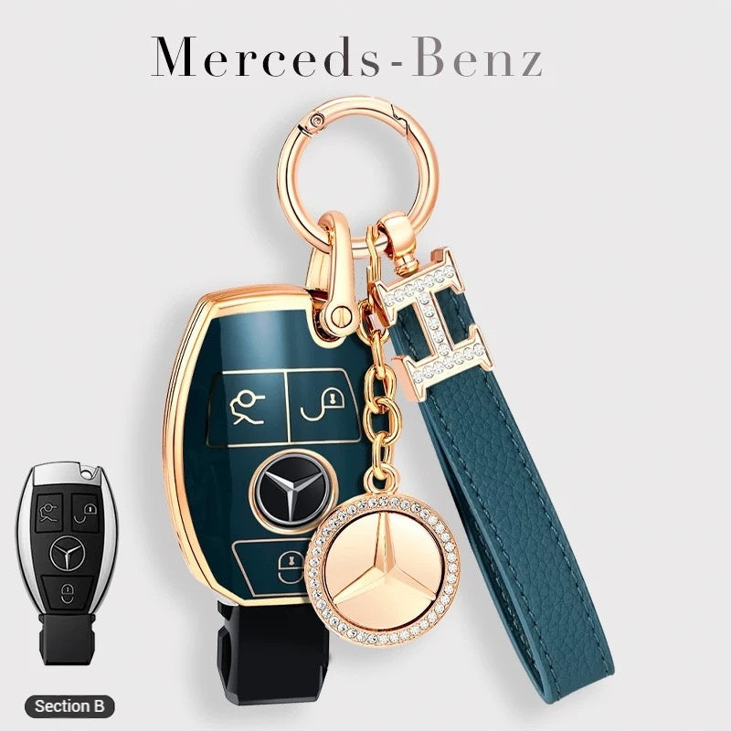Cargue la imagen en el visor de la galería, Mercedes Benz Fashionable TPU + Aluminum alloy + Leather Car Key Fob Case Cover For Benz C, E, S, G-Class, GLE, GLC, CLA, CLS, EQC, ML, GL, EQS
