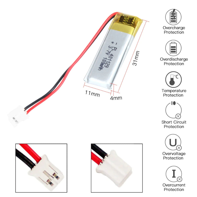 Cargue la imagen en el visor de la galería, [PH2.0-JST Connector][401030] Universal 100mAh 3.7V Rechargeable Li-Ion Lithium Polymer Battery - Polar Tech Australia
