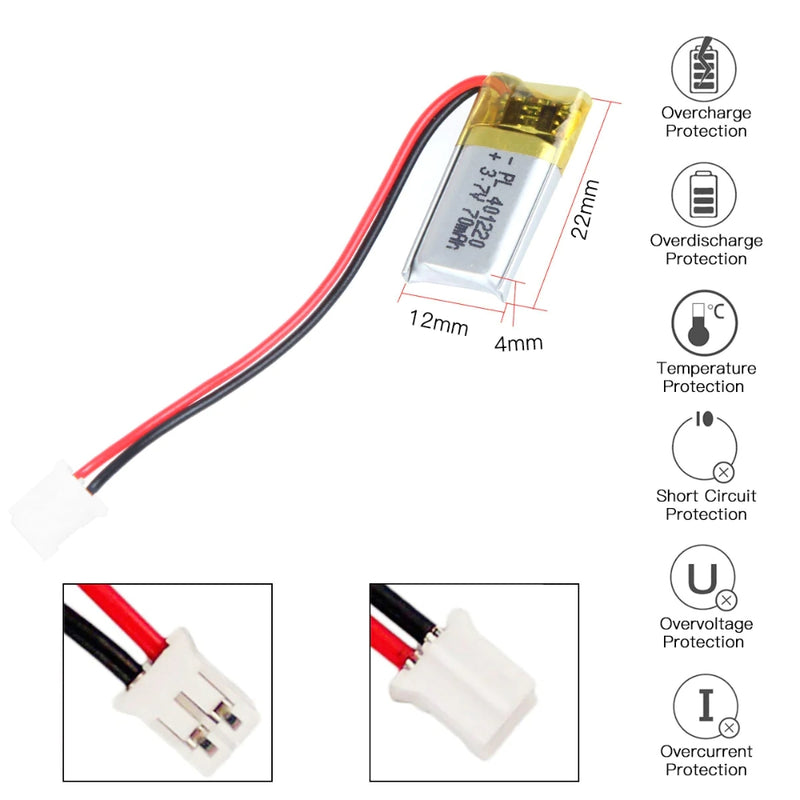 Cargue la imagen en el visor de la galería, [PH2.0-JST Connector][401220] Universal 70mAh 3.7V Rechargeable Li-Ion Lithium Polymer Battery - Polar Tech Australia

