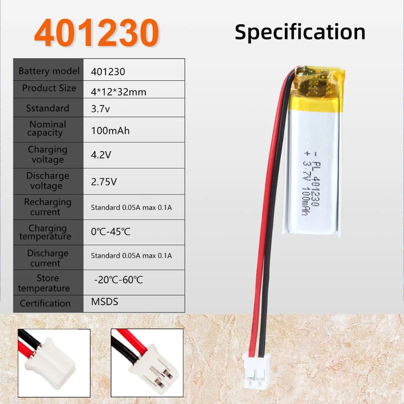 Cargue la imagen en el visor de la galería, [PH2.0-JST Connector][401230] Universal 105mAh 3.7V Rechargeable Li-Ion Lithium Polymer Battery - Polar Tech Australia
