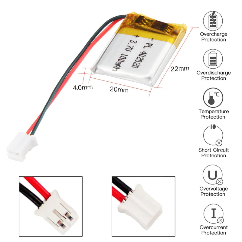 Cargue la imagen en el visor de la galería, [PH2.0-JST Connector][402020] Universal 100mAh 3.7V Rechargeable Li-Ion Lithium Polymer Battery - Polar Tech Australia
