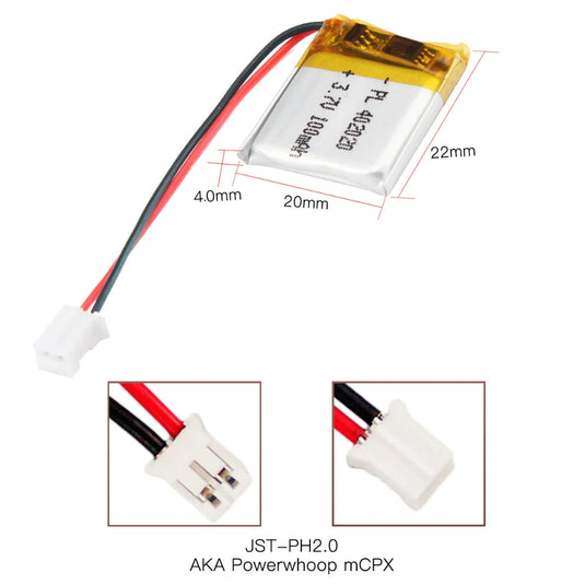 [PH2.0-JST Connector][402020] Universal 100mAh 3.7V Rechargeable Li-Ion Lithium Polymer Battery - Polar Tech Australia