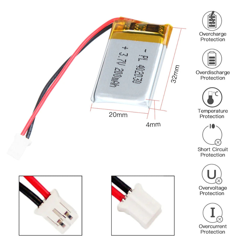 Cargue la imagen en el visor de la galería, [PH2.0-JST Connector][402030] Universal 180mAh 3.7V Rechargeable Li-Ion Lithium Polymer Battery - Polar Tech Australia
