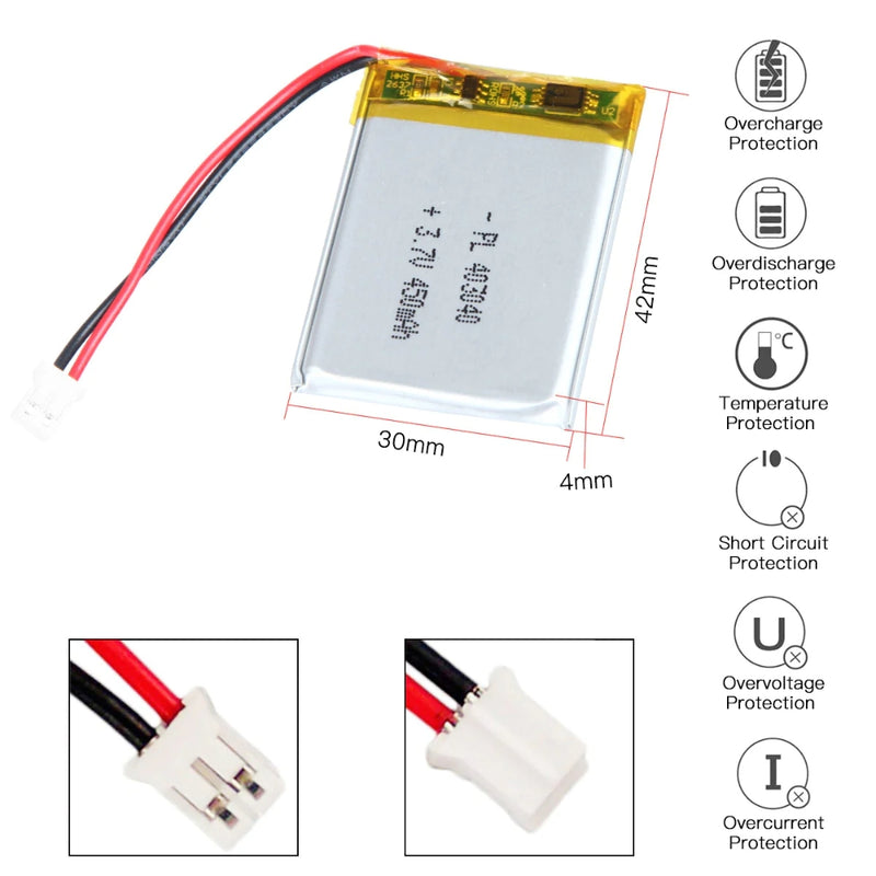 Cargue la imagen en el visor de la galería, [PH2.0-JST Connector][403040] Universal 450mAh 3.7V Rechargeable Li-Ion Lithium Polymer Battery - Polar Tech Australia
