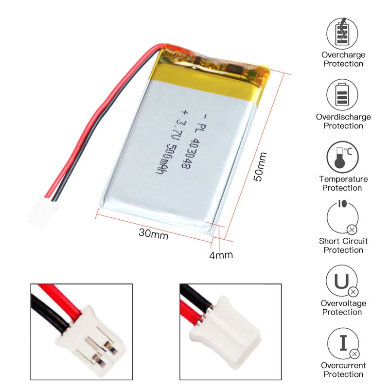 Cargue la imagen en el visor de la galería, [PH2.0-JST Connector][403048] Universal 500mAh 3.7V Rechargeable Li-Ion Lithium Polymer Battery - Polar Tech Australia
