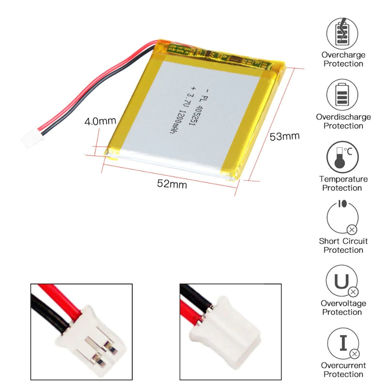 Cargue la imagen en el visor de la galería, [PH2.0-JST Connector][405251] Universal 1200mAh 3.7V Rechargeable Li-Ion Lithium Polymer Battery - Polar Tech Australia
