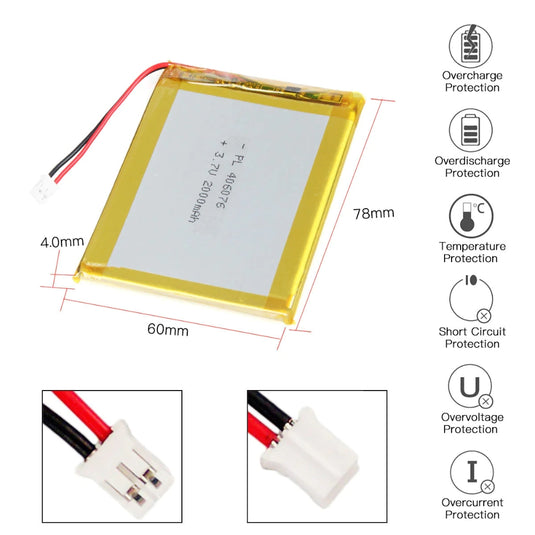 [PH2.0-JST Connector][406076] Universal 2000mAh 3.7V Rechargeable Li-Ion Lithium Polymer Battery - Polar Tech Australia