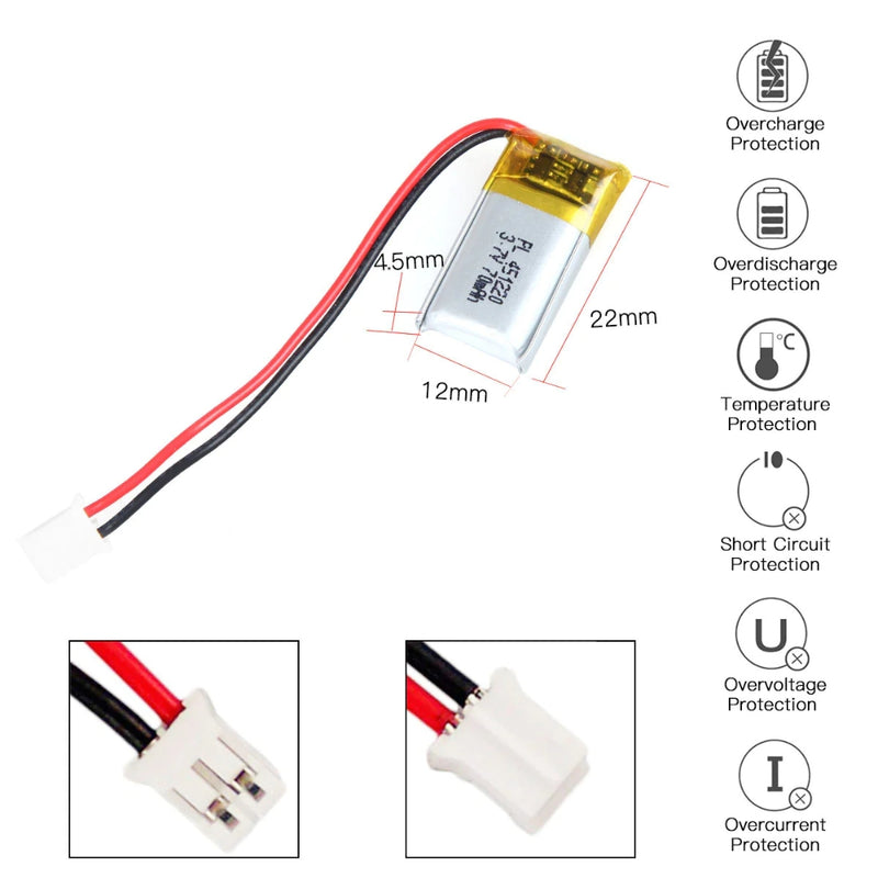 Chargez l&#39;image dans la visionneuse de la galerie, [PH2.0-JST Connector][451220] Universal 70mAh 3.7V Rechargeable Li-Ion Lithium Polymer Battery - Polar Tech Australia
