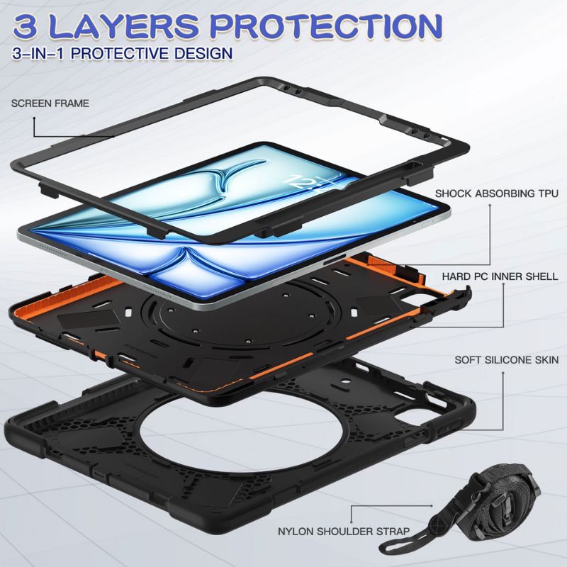 Chargez l&#39;image dans la visionneuse de la galerie, Apple iPad Air 13 (2024) 13.0&quot; Heavy Duty Rugged Shockproof With Shoulder Strap &amp; Handle Stand Ring - Polar Tech Australia
