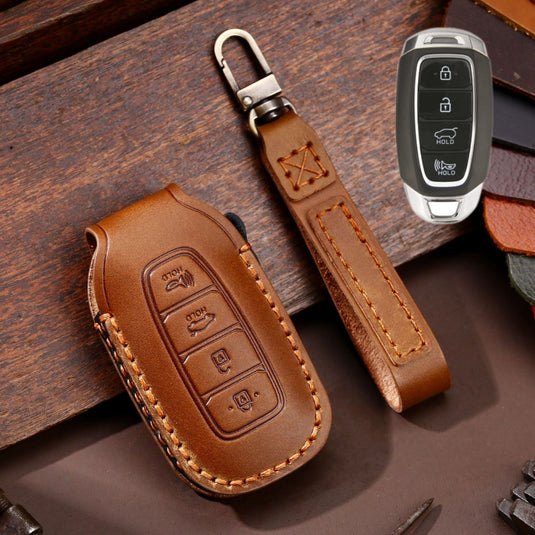 Hyundai Handcrafted Genuine Leather Car Key Fob Protective Case Cover For Santa Fe, Tucson, Palisade, Kona, Santa Fe, Azera