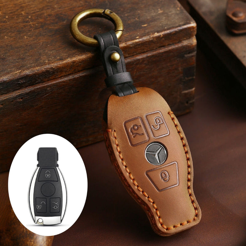 Chargez l&#39;image dans la visionneuse de la galerie, Mercedes Benz Handcrafted Genuine Leather Car Key Fob Protective Cover Case For Benz A, B, C, E, S-Class, GLC, GLE, GLK
