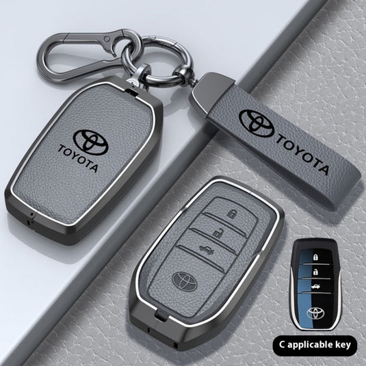Toyota Zinc Alloy with Genuine Leather Full-Coverage Car Key Fob Protective Case Cover For RAV4, Camry, C-HR, Corolla, Prado, Prius