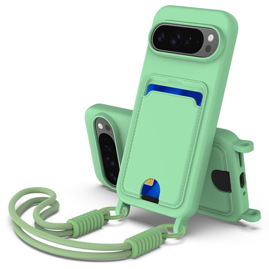 Google Pixel 11 Pro XL - Integrated Card Bag Solid Color Liquid Silicone Phone Case with Lanyard