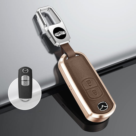 Mazda Aluminum Alloy Genuine Leather Car Key Fob Cover Case For MX-5, CX-5, CX-7, CX-9, Mazda 6