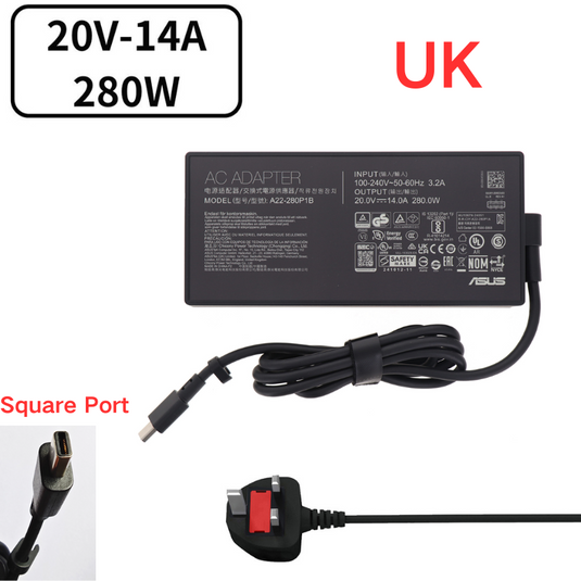 [20V-14A/280W][Square Port] Asus ROG Strix Scar 16 2025 G615 G635 Series - Laptop AC Power Supply Adapter Charger