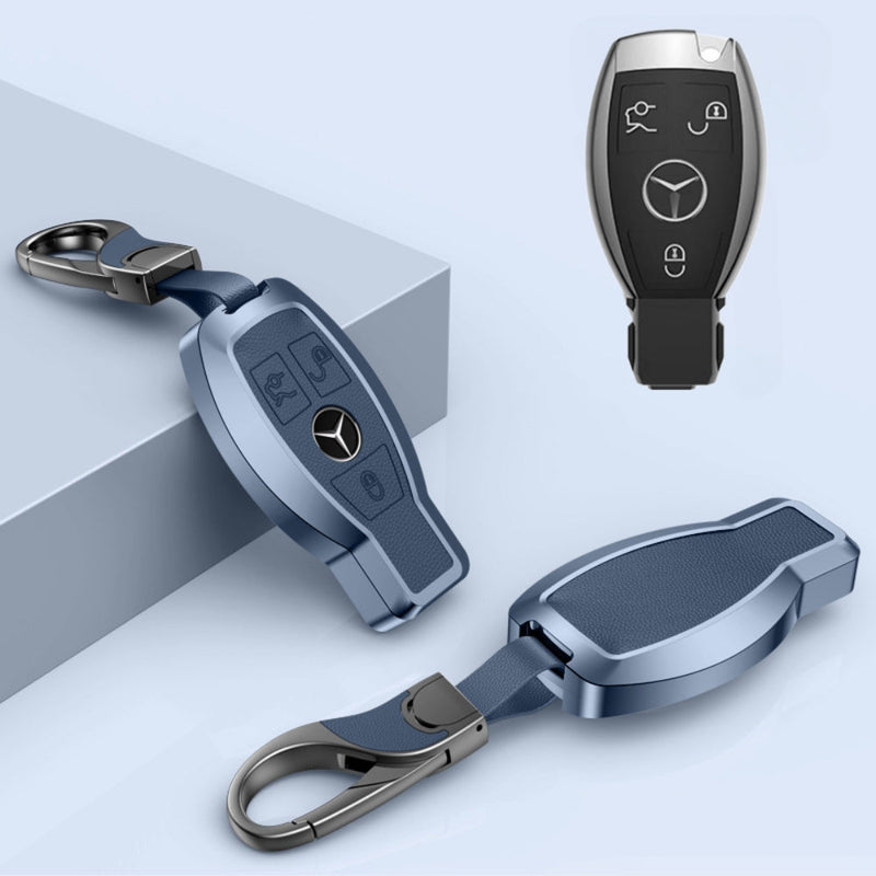 Chargez l&#39;image dans la visionneuse de la galerie, Mercedes Benz Aluminum Alloy Leather Car Key Fob Protection Case Cover For Benz A, C, E, S, G-Class, GLA, GLB, GLC, GLE, GLS, CLA, CLS, EQC
