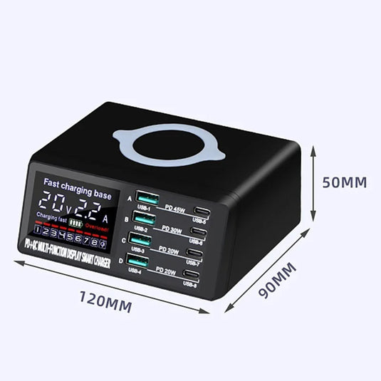[838W] QUALCOMM 100W 8 puertos (4 x Type-C + 4 USB) PD y QC 3.0 y cargador rápido inalámbrico Estación adaptadora de cargador inalámbrico con medidor de corriente/voltaje