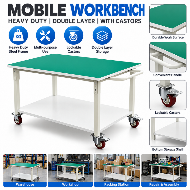 Cargue la imagen en el visor de la galería, [80x60cm] Heavy Duty Mobile Workbench with Lockable Castor Wheels, Double Layer Storage Shelf &amp; Anti-Static Worktop – Industrial Packing Table &amp; Workshop Trolley

