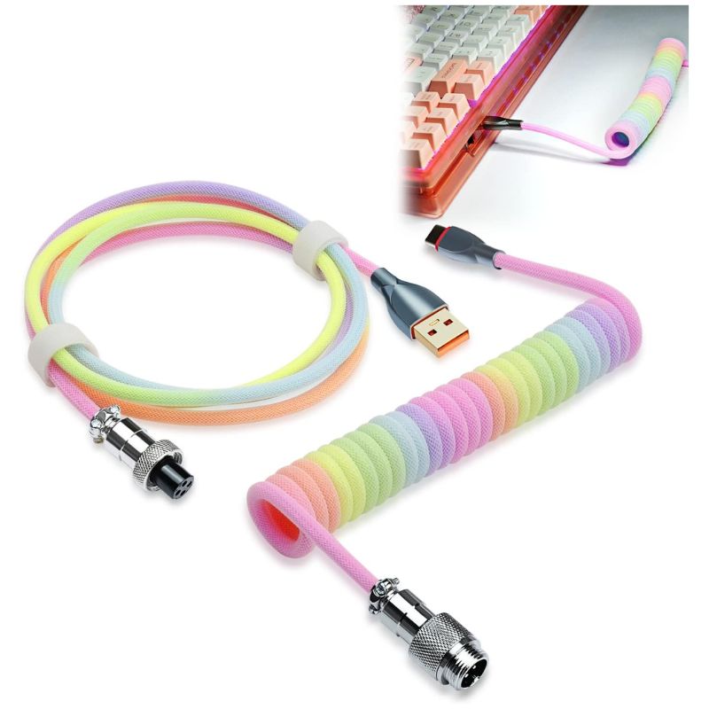 Chargez l&#39;image dans la visionneuse de la galerie, Custom Coiled 1.8M USB C Cable for Gaming Keyboard, Double-Sleeved Mechanical Keyboard Cable with Detachable Metal Aviator
