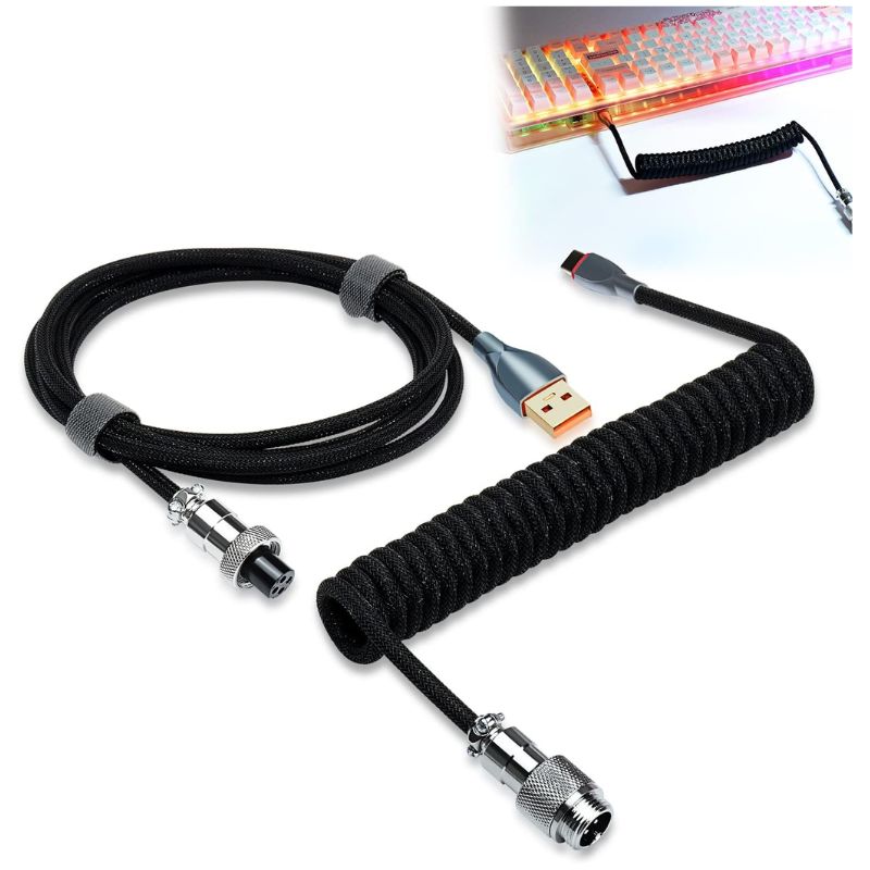 Chargez l&#39;image dans la visionneuse de la galerie, Custom Coiled 1.8M USB C Cable for Gaming Keyboard, Double-Sleeved Mechanical Keyboard Cable with Detachable Metal Aviator
