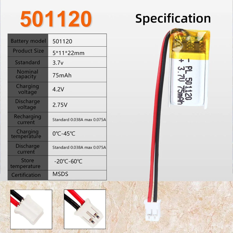 Chargez l&#39;image dans la visionneuse de la galerie, [PH2.0-JST Connector][501120] Universal 75mAh 3.7V Rechargeable Li-Ion Lithium Polymer Battery - Polar Tech Australia
