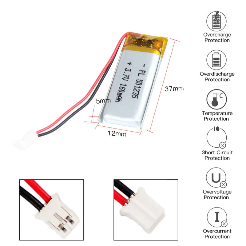 Chargez l&#39;image dans la visionneuse de la galerie, [PH2.0-JST Connector][501235] Universal 160mAh 3.7V Rechargeable Li-Ion Lithium Polymer Battery - Polar Tech Australia
