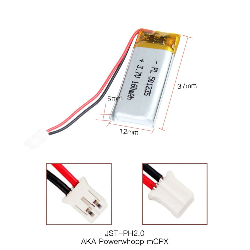 Chargez l&#39;image dans la visionneuse de la galerie, [PH2.0-JST Connector][501235] Universal 160mAh 3.7V Rechargeable Li-Ion Lithium Polymer Battery - Polar Tech Australia
