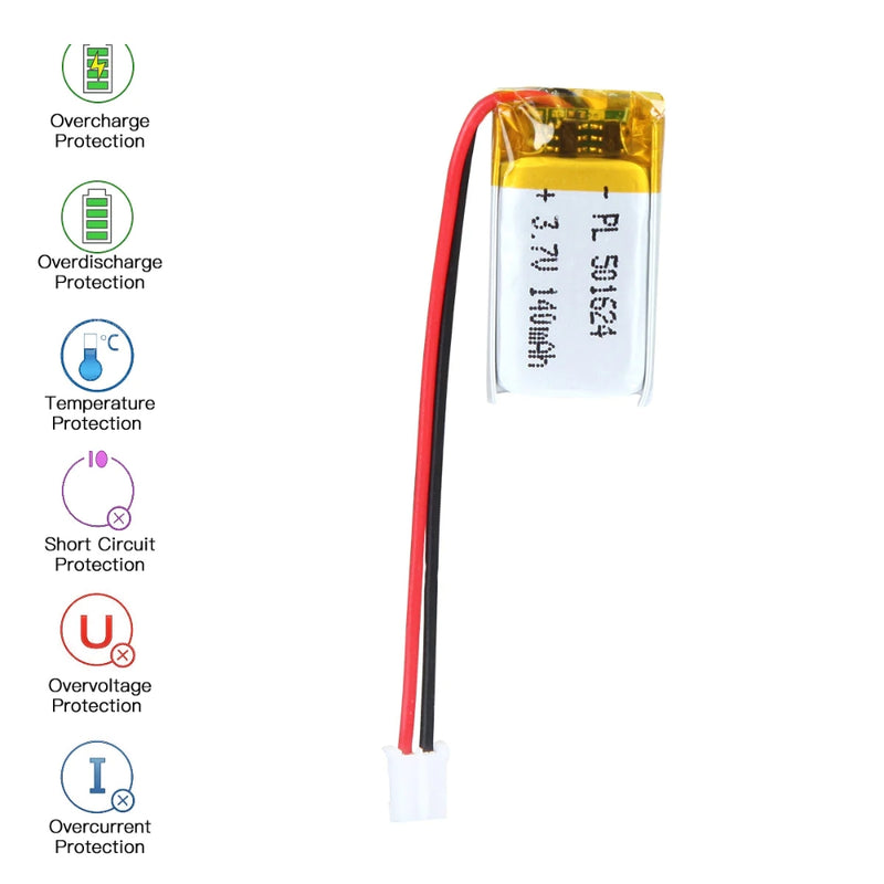 Cargue la imagen en el visor de la galería, [PH2.0-JST Connector][501624] Universal 140mAh 3.7V Rechargeable Li-Ion Lithium Polymer Battery - Polar Tech Australia
