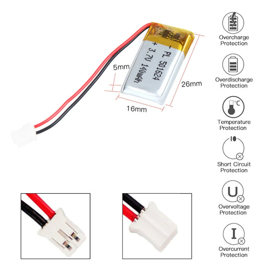 [PH2.0-JST Connector][501624] Universal 140mAh 3.7V Rechargeable Li-Ion Lithium Polymer Battery - Polar Tech Australia