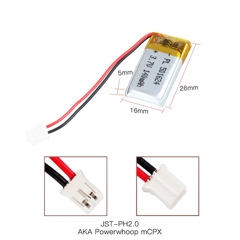 Cargue la imagen en el visor de la galería, [PH2.0-JST Connector][501624] Universal 140mAh 3.7V Rechargeable Li-Ion Lithium Polymer Battery - Polar Tech Australia
