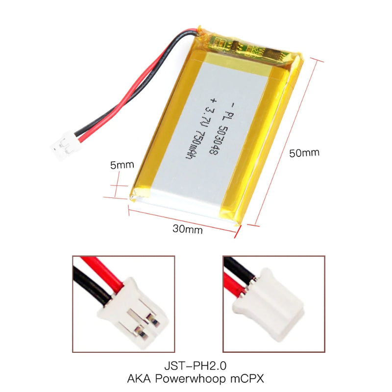 Cargue la imagen en el visor de la galería, [PH2.0-JST Connector][503048] Universal 750mAh 3.7V Rechargeable Li-Ion Lithium Polymer Battery - Polar Tech Australia
