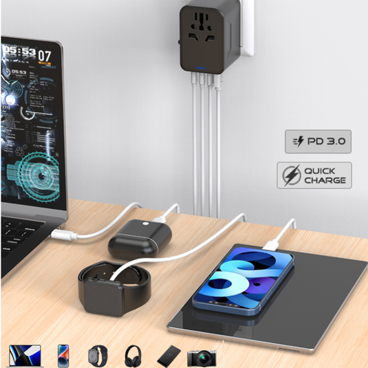 Universal 4 Ports PD 65W Conversion charger with dual USB-A ports, Dual USB-C ports, AC socket and Converter Wall Charger International Travelling Adapte - Polar Tech Australia