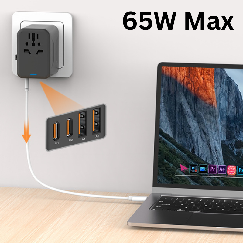 Load image into Gallery viewer, Universal 4 Ports PD 65W Conversion charger with dual USB-A ports, Dual USB-C ports, AC socket and Converter Wall Charger International Travelling Adapte - Polar Tech Australia
