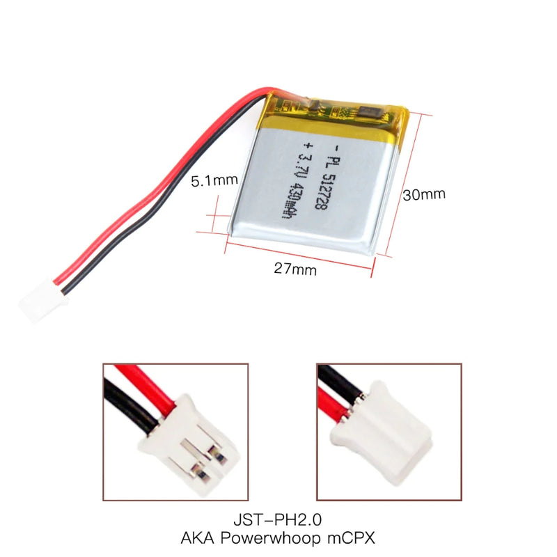 Cargue la imagen en el visor de la galería, [PH2.0-JST Connector][512728] Universal 430mAh 3.7V Rechargeable Li-Ion Lithium Polymer Battery - Polar Tech Australia
