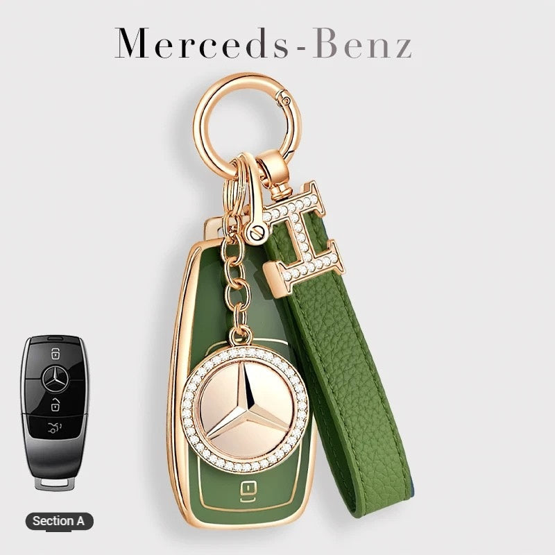 Cargue la imagen en el visor de la galería, Mercedes Benz Fashionable TPU + Aluminum alloy + Leather Car Key Fob Case Cover For Benz C, E, S, G-Class, GLE, GLC, CLA, CLS, EQC, ML, GL, EQS
