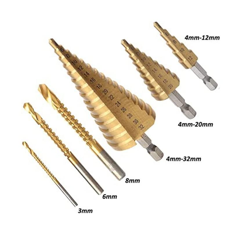 Chargez l&#39;image dans la visionneuse de la galerie, [6 in 1] HSS Steel Metal Titanium Coated Drill Bit Set Multipurposed Metalworking, Woodworking, Hole Drilling, Multiple Holes Raised Bit
