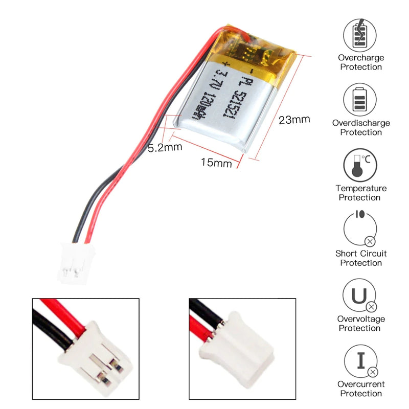 Chargez l&#39;image dans la visionneuse de la galerie, [PH2.0-JST Connector][521521] Universal 120mAh 3.7V Rechargeable Li-Ion Lithium Polymer Battery - Polar Tech Australia
