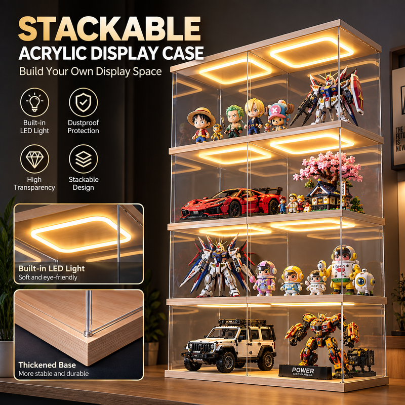 Load image into Gallery viewer, Clear Stackable Acrylic Display Case with LED Light – Dustproof Display Box for LEGO Models, Figures, Collectibles &amp; Building Blocks
