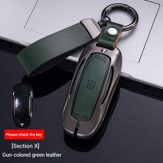 Tesla Metal + PU Leather Smart Car Key Fob Case for Model 3, S, Y, X