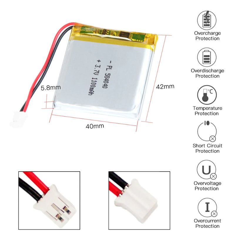 Chargez l&#39;image dans la visionneuse de la galerie, [PH2.0-JST Connector][584040] Universal 1100mAh 3.7V Rechargeable Li-Ion Lithium Polymer Battery - Polar Tech Australia
