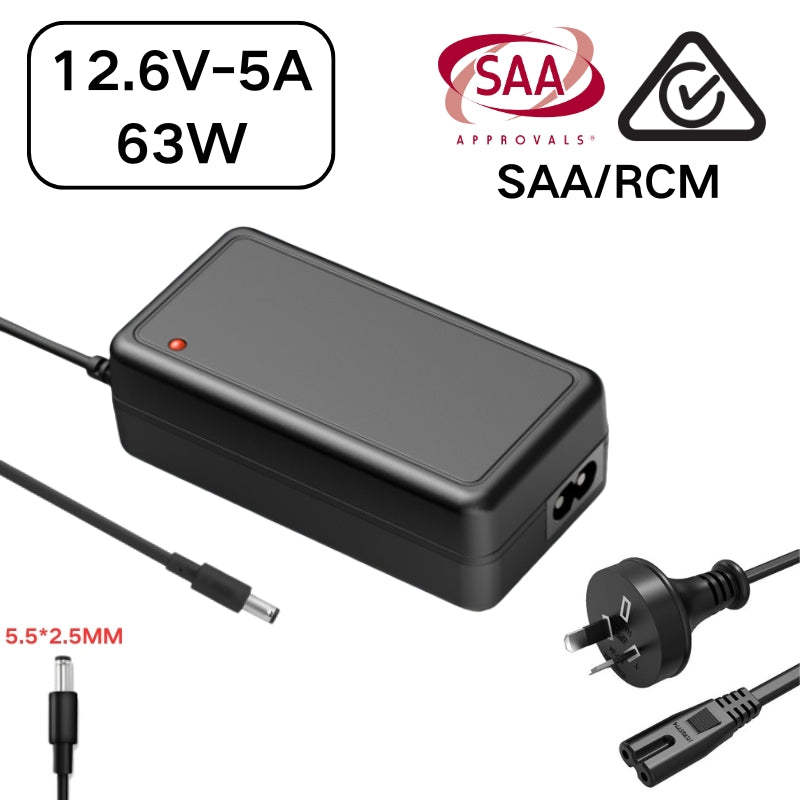 Load image into Gallery viewer, [SAA/RCM][12.6V-5A][5.5x2.5 &amp; 5.5x2.1] Universal Computer/Monitor/LED Strip/Light Module/Speaker/CCTV/Router/Camera - Lithium Battery Power Supply Adapter Wall Charger
