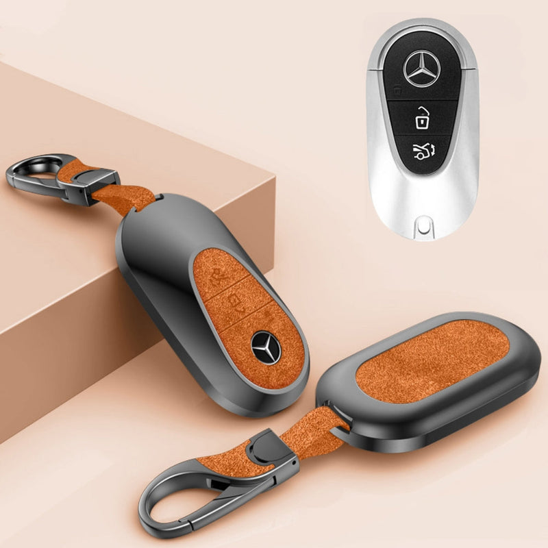 Chargez l&#39;image dans la visionneuse de la galerie, Mercedes Benz Aluminum Alloy Leather Car Key Fob Protection Case Cover For Benz A, C, E, S, G-Class, GLA, GLB, GLC, GLE, GLS, CLA, CLS, EQC
