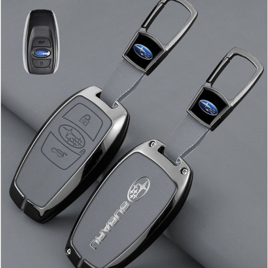 Subaru Full Metal  Coverage + PU Leather Car Key Fob Case Cover For Outback, Forester, Impreza, WRX, XV, Crosstrek, Legacy