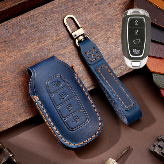 Hyundai Handcrafted Genuine Leather Car Key Fob Protective Case Cover For Santa Fe, Tucson, Palisade, Kona, Santa Fe, Azera