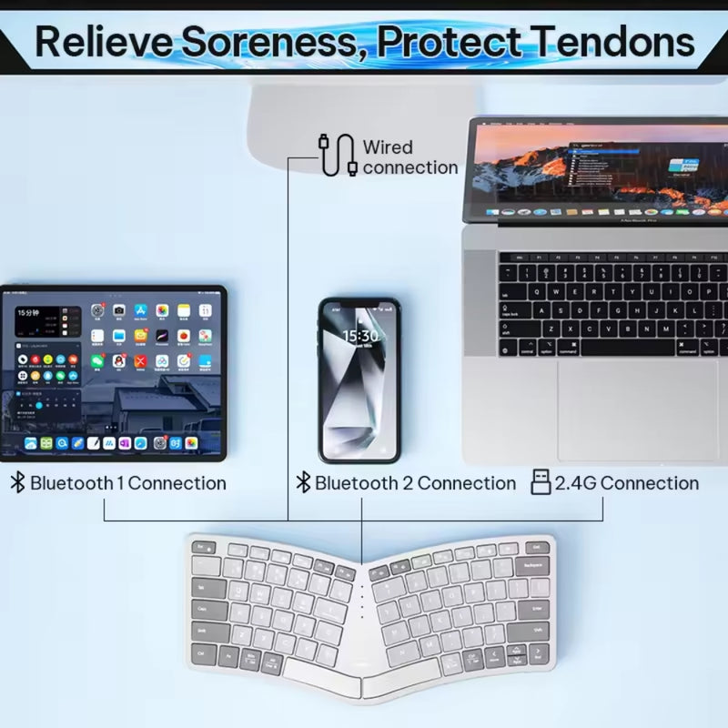 Cargue la imagen en el visor de la galería, Ergonomic Split Wireless Keyboard, Bluetooth 5.0/2.4GHz/USB-C Wired, 80-Key Rechargeable Keyboard for Windows, Mac OS, Android
