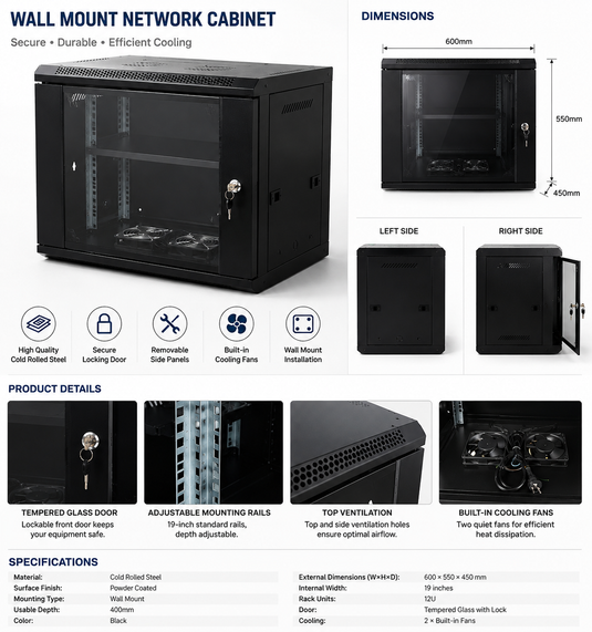 [Assembled][Built-in Fan] 4U 6U 9U 12U 15U Heavy Duty Network Server CCTV PoE Switch Wall Mount Cabinet Rack Lockable Enclosure