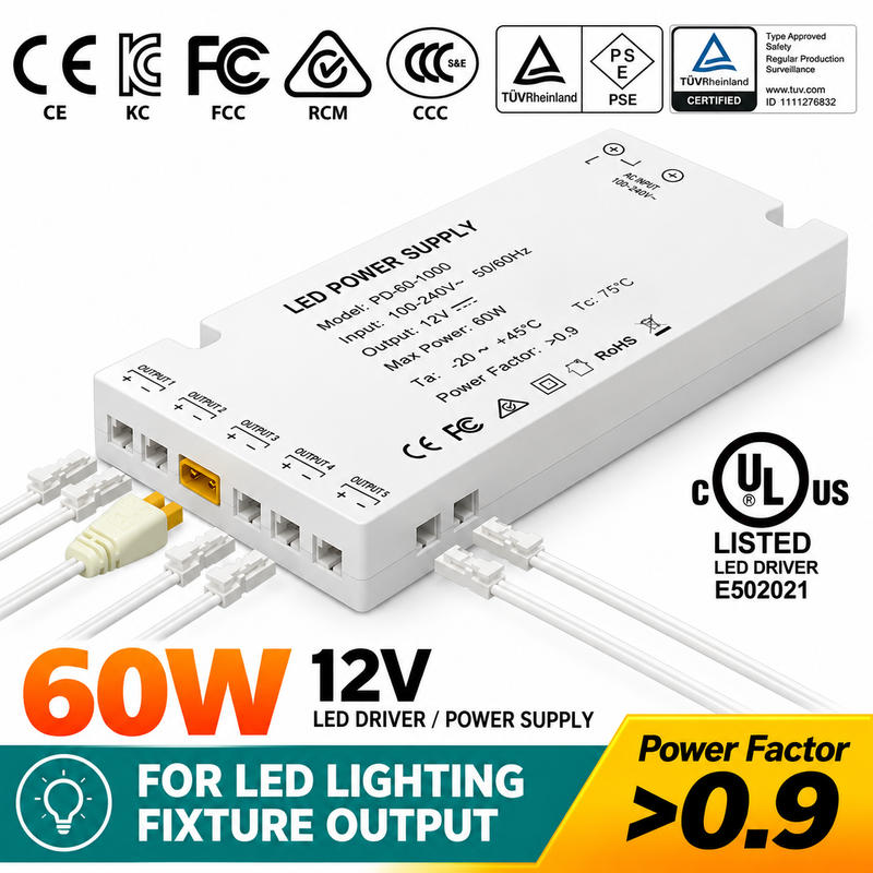 Chargez l'image dans la visionneuse de la galerie, [WF-LD60U-12V][12V/60W] Universal Cabinet Light Power Supply – Multi-Output LED Driver Transformer for Kitchen Cabinets, Cupboards &amp; Under Cabinet Lighting
