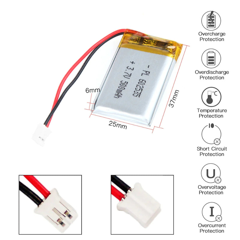 Cargue la imagen en el visor de la galería, [PH2.0-JST Connector][602535] Universal 500mAh 3.7V Rechargeable Li-Ion Lithium Polymer Battery - Polar Tech Australia
