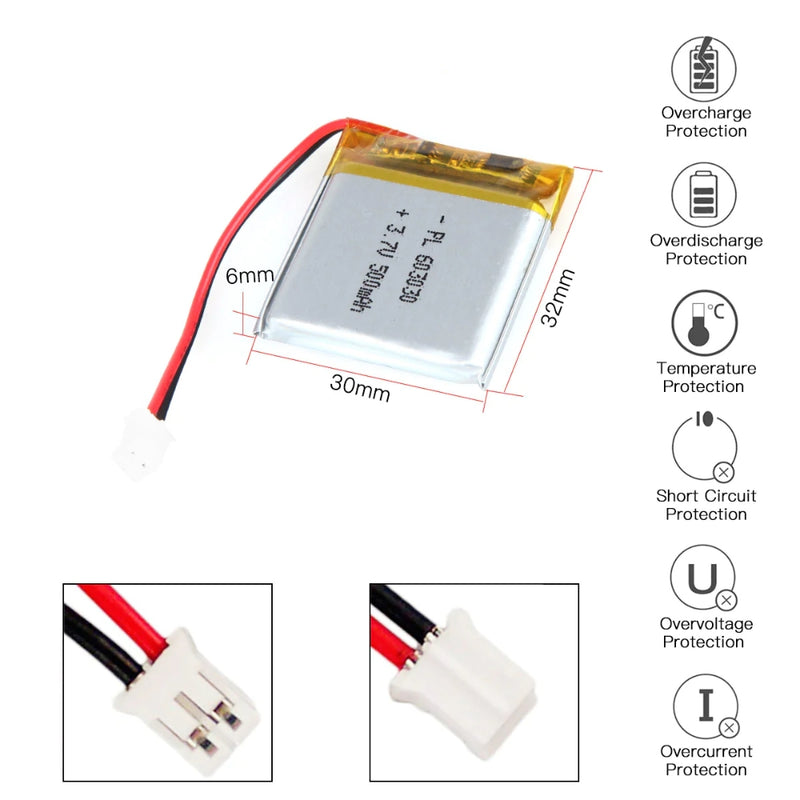 Cargue la imagen en el visor de la galería, [PH2.0-JST Connector][603030] Universal 500mAh 3.7V Rechargeable Li-Ion Lithium Polymer Battery - Polar Tech Australia
